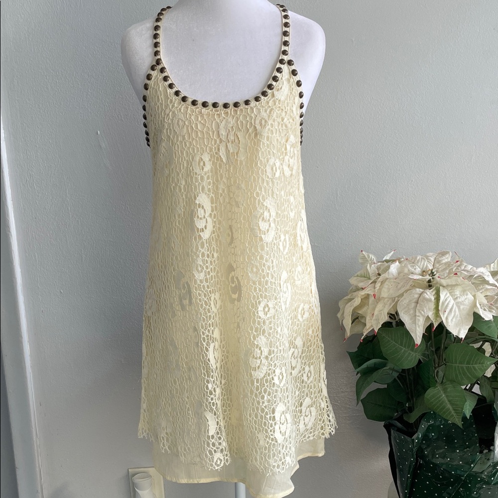 Sugarlips Cream Lace Midi Dress with Stud Trim